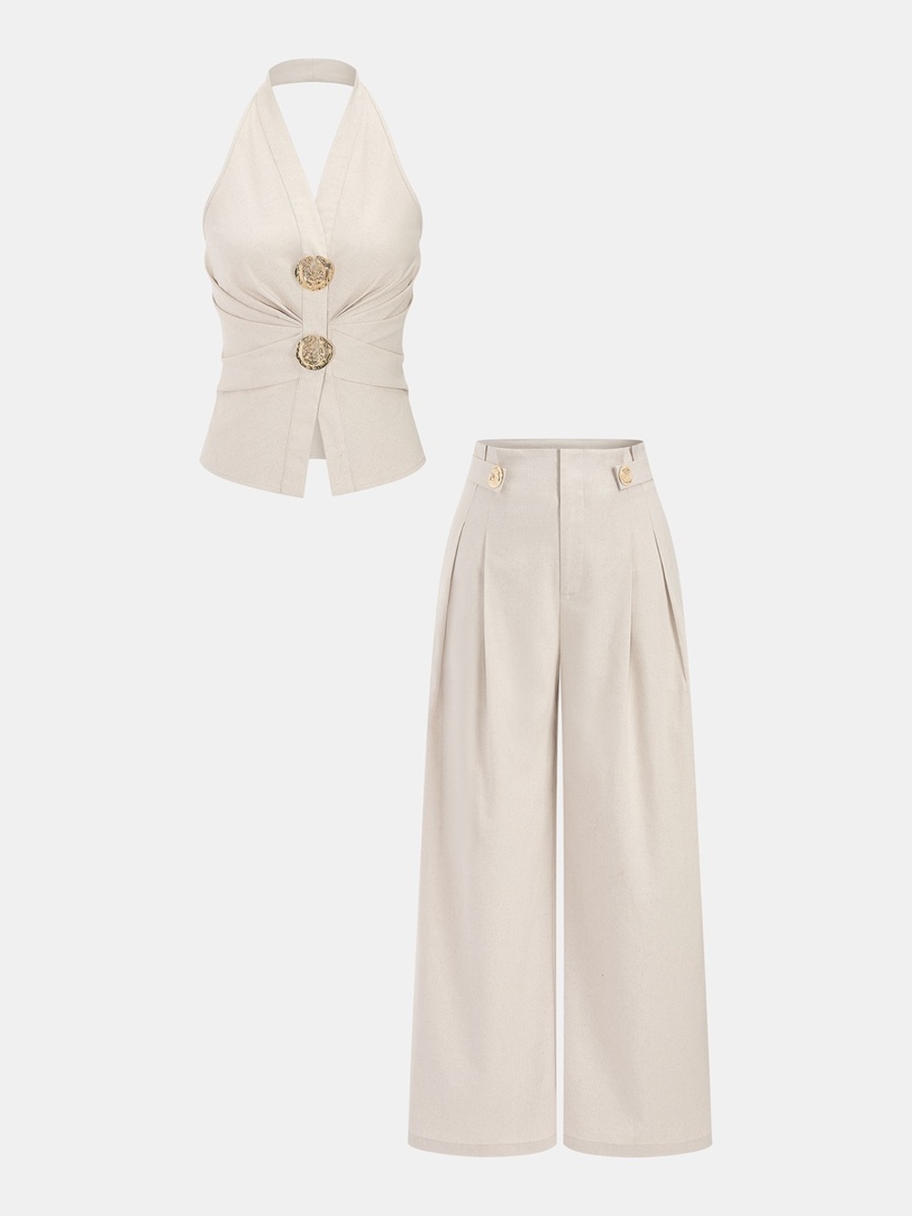 COMMENSE Linen Blend Halter Ruched Top & Pants Set - Picture 2 of 5